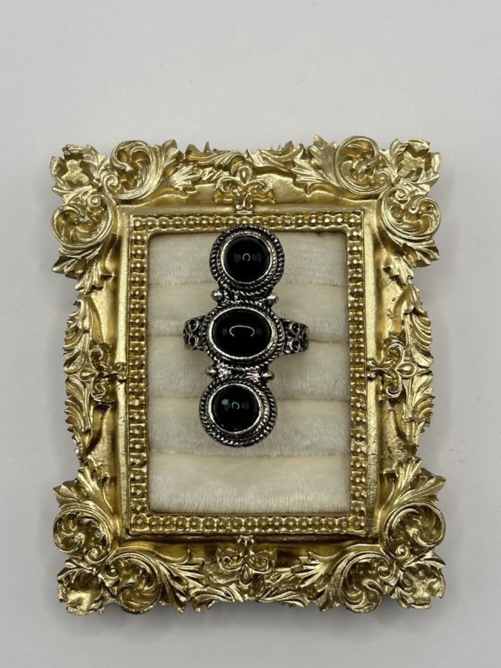 Vintage Silver Tone Triple Black Cabochon Statement Ring Size 11.25 Boho Gothic